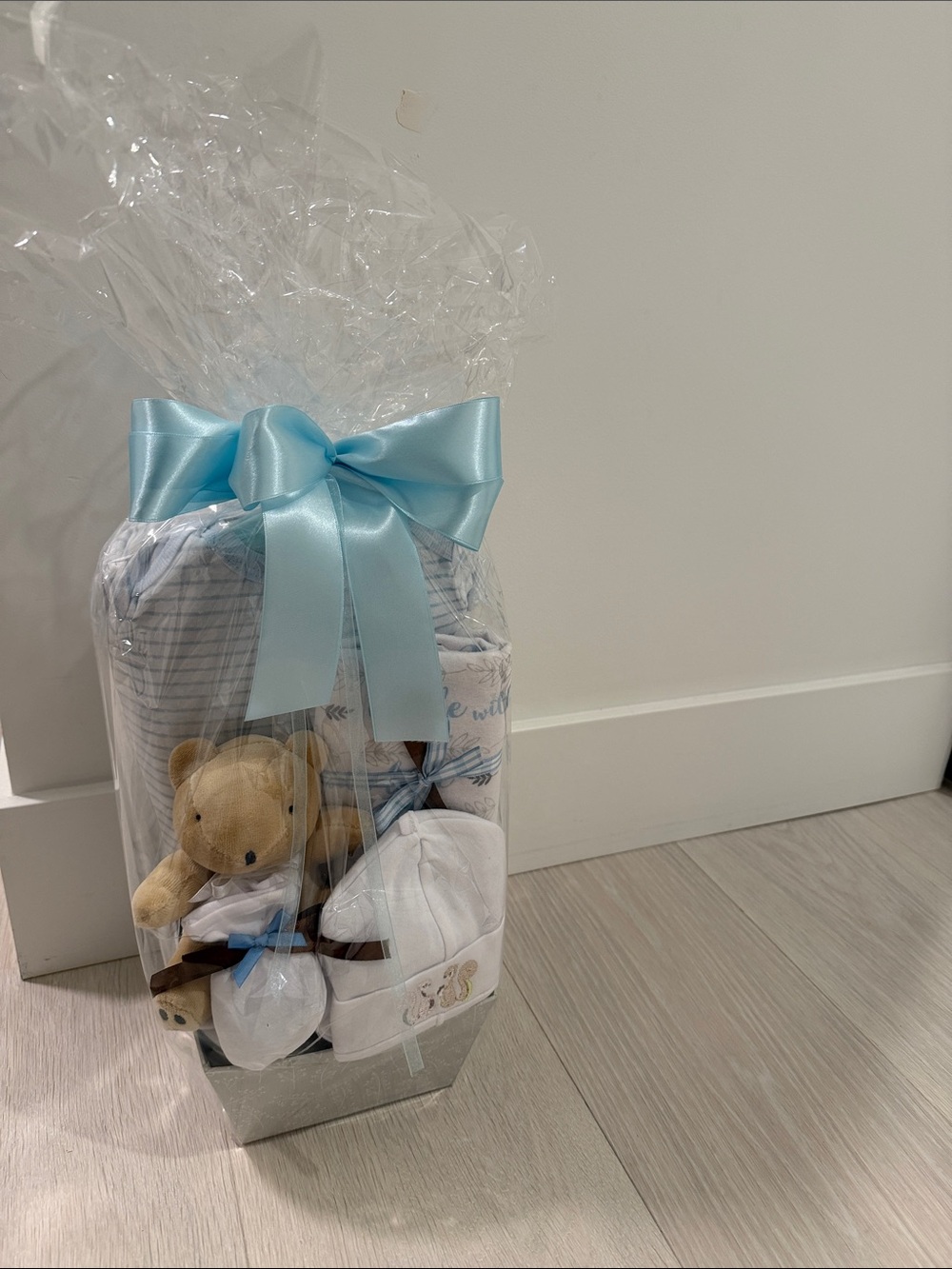 Blue Baby Gift Basket with Plush Bear